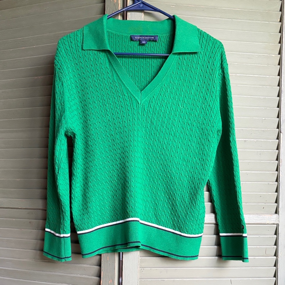 Tommy Hilfiger Bright Green Cable-Knit Polo V-Neck Sweater